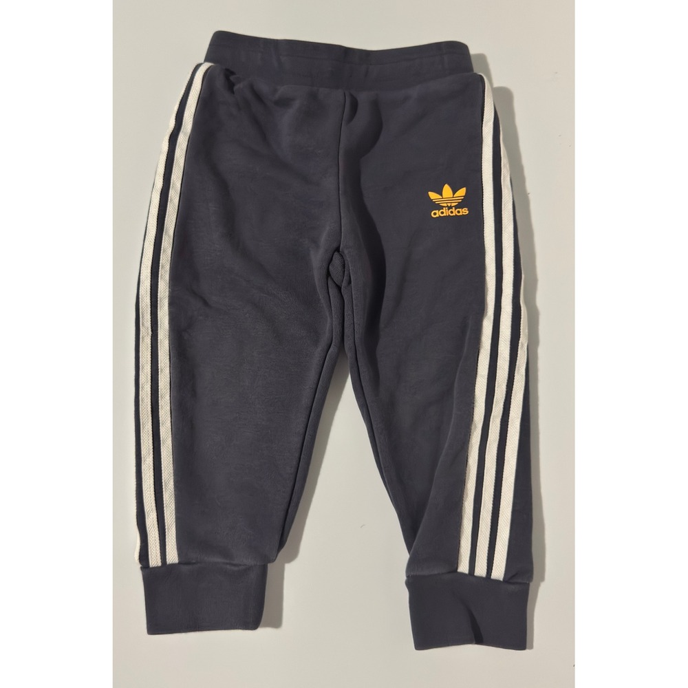 Adidas Originals Toddler Navy Blue 3-Stripe Track Pants Joggers Yellow Logo 2T